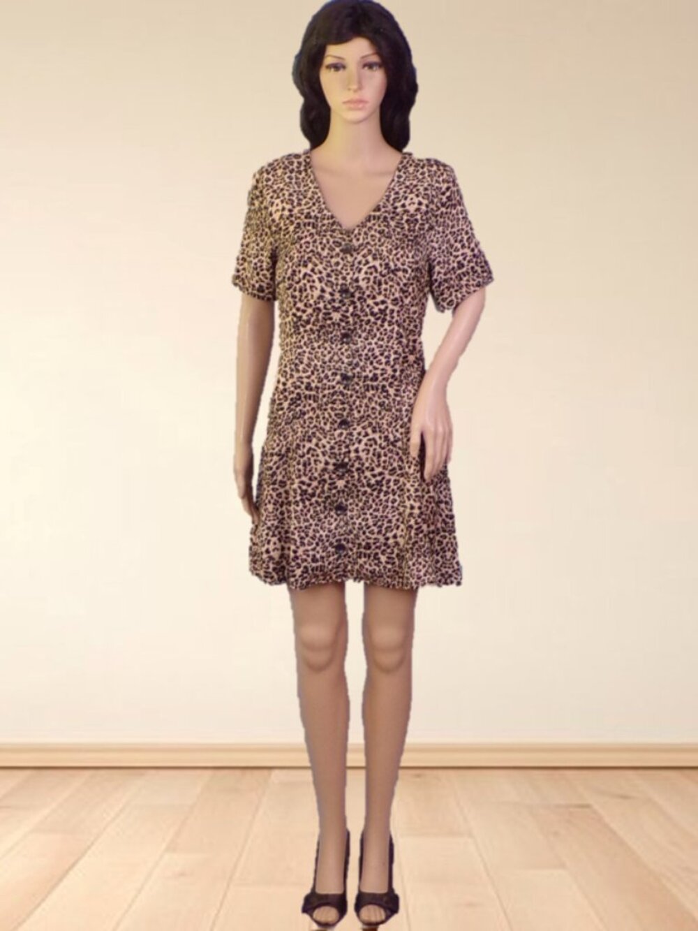 PINK LILY size S brown/tan/beige leopard-spotted short-sleeve fit/flare dress